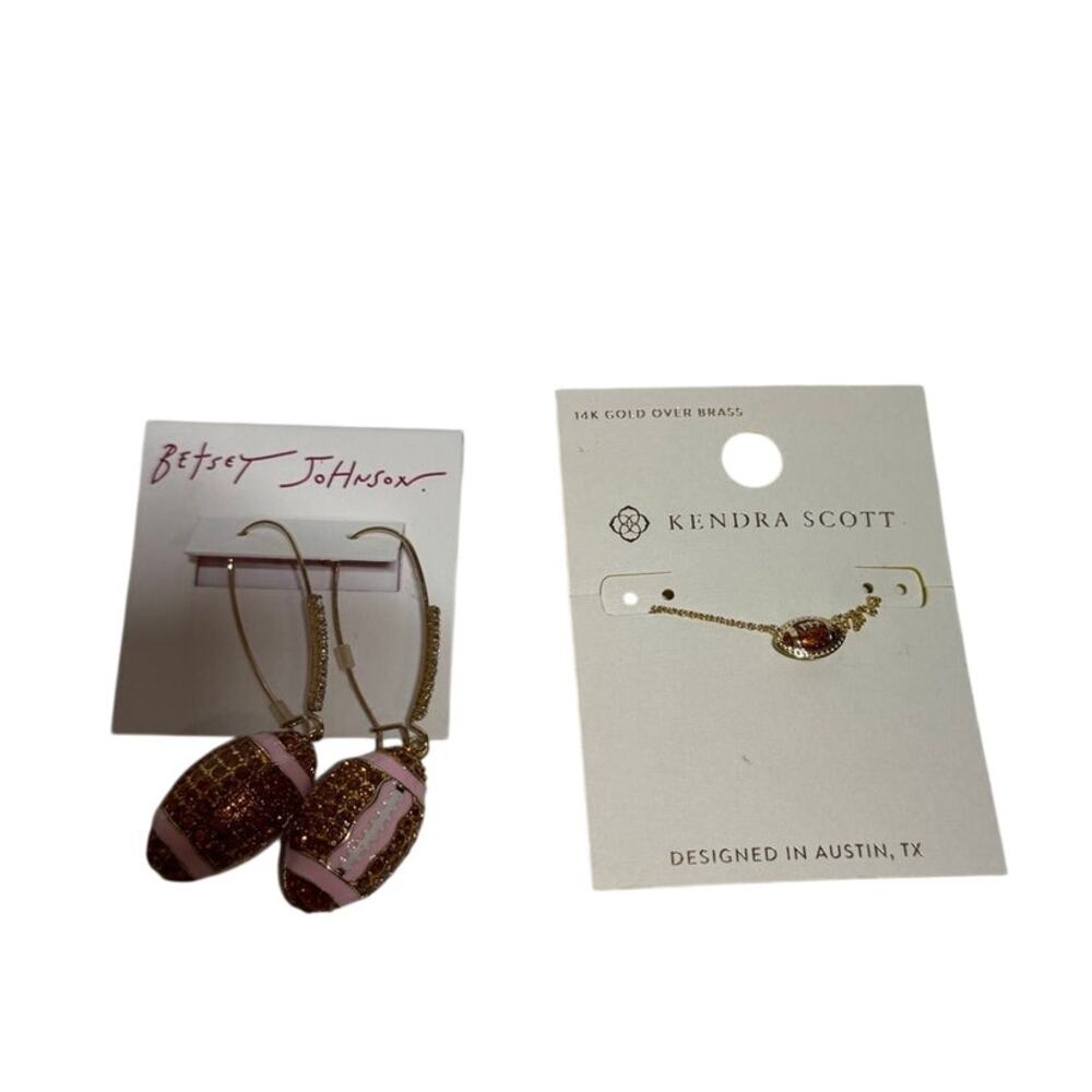 New Besty Johnson football earrings & Kendra Scott necklace set bundle lot NFL
